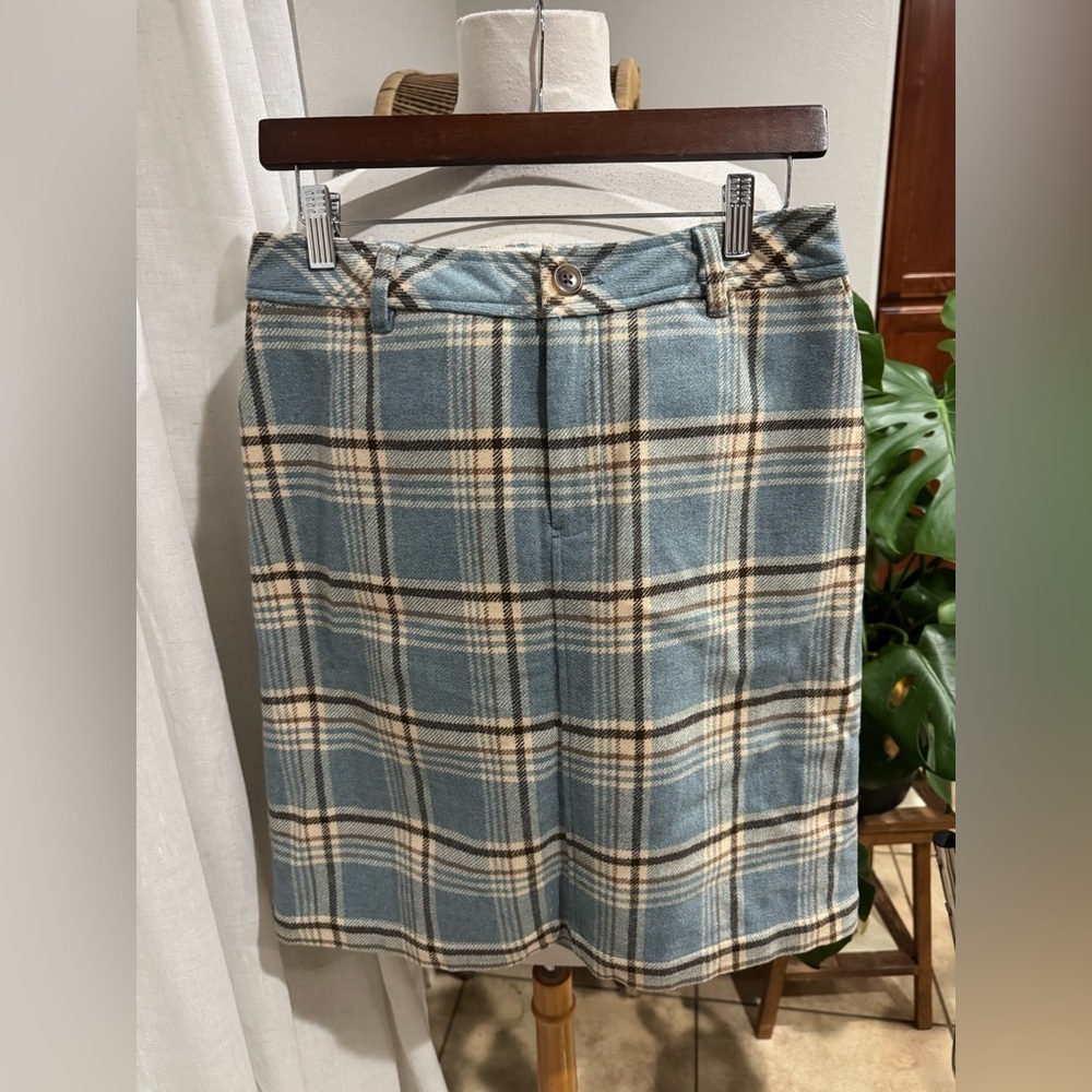 Eddie Bauer 100% Wool Plaid Pencil Skirt Women’s Size 4 Blue Tan Knee Length